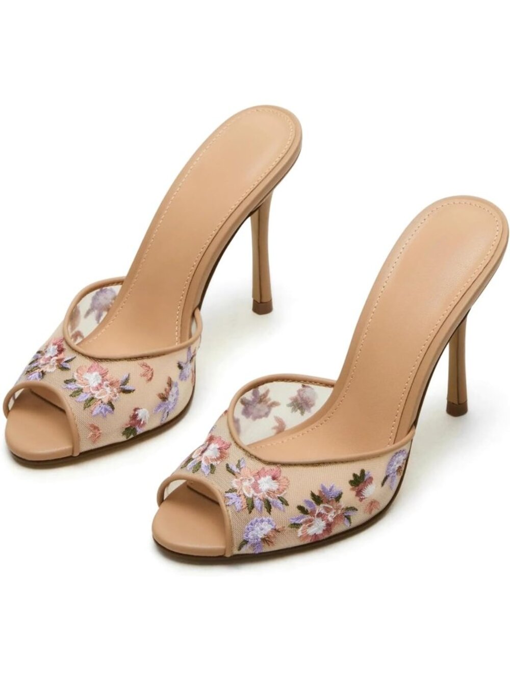 Women's Tan Mesh Heeled Sandals Peep Toe Mules Slip on Stiletto High Heels